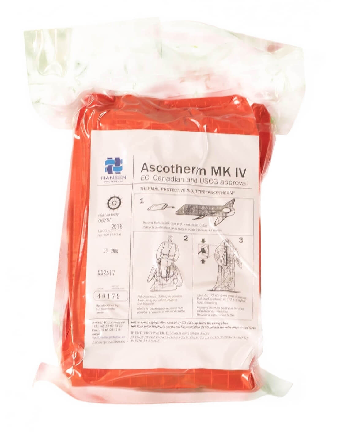 Hansen Protection Ascotherm MK IV 85603 50 Units– Ascotherm is one of the most successful Thermal Protection Aids (TPA) on the market today. Designed to keep survivors warm and protected from rain, wind and cold in life rafts and lifeboats. Mk IV is additionally certified by the US Coast Guard (USCG). This TPA is compatible with the IMO SOLAS Polar Code. All seams are welded and 100% waterproof. The inside is metal coated to retain body heat. A certified lifejacket should always be used in combination with  - imagen 2