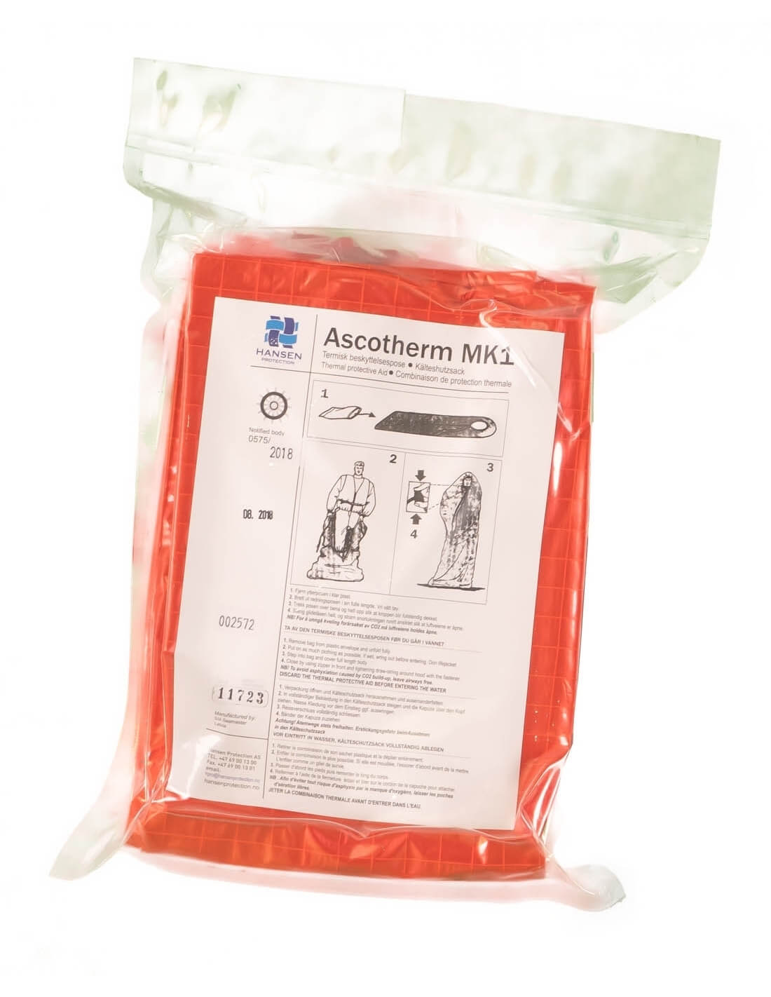 Hansen Protection Ascotherm MK I 85601 50 Units– Ascotherm is one of the most successful Thermal Protection Aids (TPA) on the market today. Designed to keep survivors warm and protected from rain, wind and cold in life rafts and lifeboats. This TPA is compatible with the IMO SOLAS Polar Code. All seams are welded and 100% waterproof. The inside is metal coated to retain body heat. A certified lifejacket should always be used in combination with a TPA. – Now available at MTN Shop EU. - imagen 2