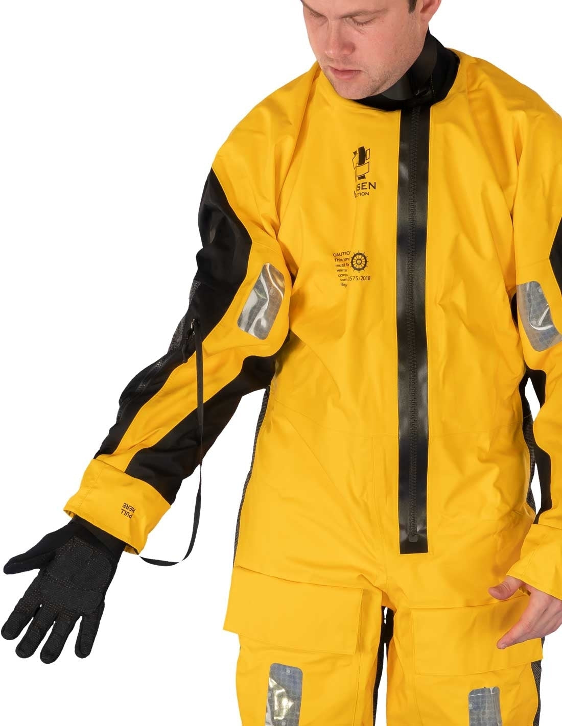 Hansen SeaBreeze CTV work suit with socks 85386 (MOQ: 50 pieces)– A robust, light weight 1-hour work and survival suit for difficult and demanding environments. Designed with focus on ergonomics and comfort, it allows 100% freedom of movement. Made of durable super-breathable material. The suit is ideal for use on board merchant vessels and for transport to and from sea wind farms. For easy integration of safety equipment such as a harness and/or lifejacket, the suit is clean on the chest and back. It has r - imagen 7