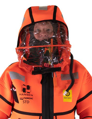 Hansen Protection SeaNordic Wet Suit 82606– A 6-hour immersion suit produced in extra strong flame-retardant neoprene. SeaNordic is equipped with an emergency light and has an integrated sprayhood that protects the face from waves and possibly seabirds. The hood has an innovative inflatable bladder for improved water tightness of the face seals, improved floatation and freeboard. The suit is certified for use without a lifejacket and is perfect as a survival suit on board fishing vessels, merchant ships and - imagen 4