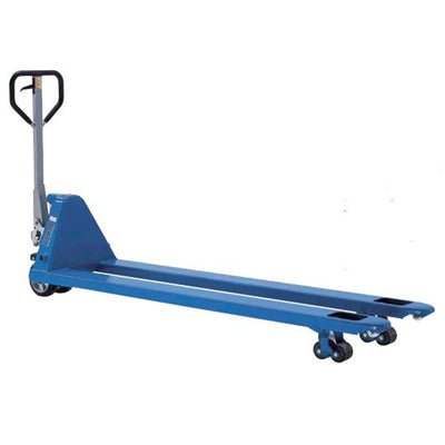 Pfaff-silberblau handpalltruck med förlängda gafflar. Kapacitet: 2000-2500kg. Levereras av MTN Shop EU