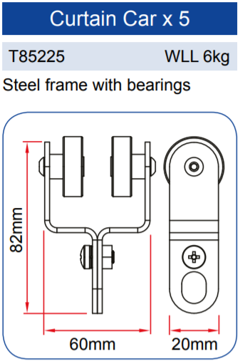 Doughty Studio Rail - Curtain Carriage– A steel framed curtain carriage fitted with sealed ball raced wheels. Designed to suspend curtains/ drapes. Size: 44mm x 68mm; SWL: 6kg per carriage; Spacing: used at 300mm intervals; Weight: 0.9kg – Now available at MTN Shop EU. - imagen 3