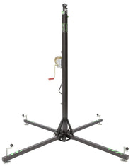 Kuzar Tower Lift K-2– Weighing only 32kg the K-2 is capable of lifting 125kg to a height of 5m. It is the only tower in the ultralight Kuzar range that reaches a maximum height of 5 meters. This tower is also intended for lifting light structures, the 4 legs have adjustable non-slip rubber plates. Its reduced weight and its two rear wheels make the transport very comfortable. Safety is provided by our automatic KAT trigger that locks the sections automatically while lifting the tower and also protects its l