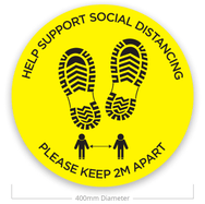 Sociale afstandsvloerstickers 400 mm dia. [Geel/Zwart]– ✔Bedrukt met de tekst “Help Support Social Distancing Please Keep 2M Apart” ✔Kleur: zwart/geel ✔Antikrasontwerp – nu verkrijgbaar bij MTN Shop EU.