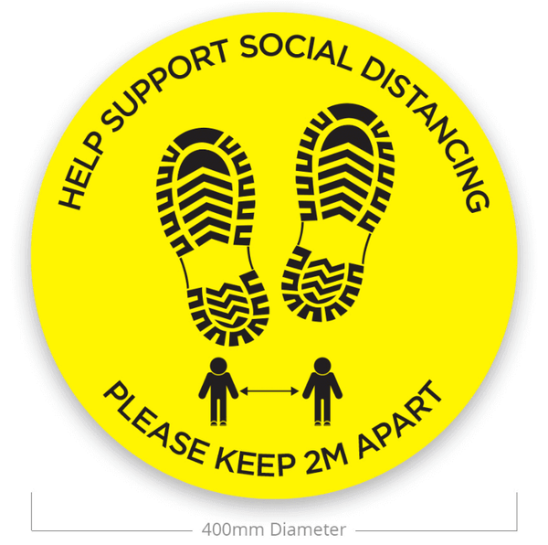 Sociale afstandsvloerstickers 400 mm dia. [Geel/Zwart]– ✔Bedrukt met de tekst “Help Support Social Distancing Please Keep 2M Apart” ✔Kleur: zwart/geel ✔Antikrasontwerp – nu verkrijgbaar bij MTN Shop EU.